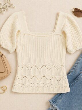 johnny becca Cream Knit Puff Sleeve Top Square Neck Cottagecore S